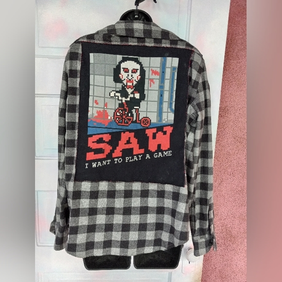 Ooak custom RAGE flannel- pixelated Jigsaw XXL custom back patch! Mens M - Picture 5 of 6